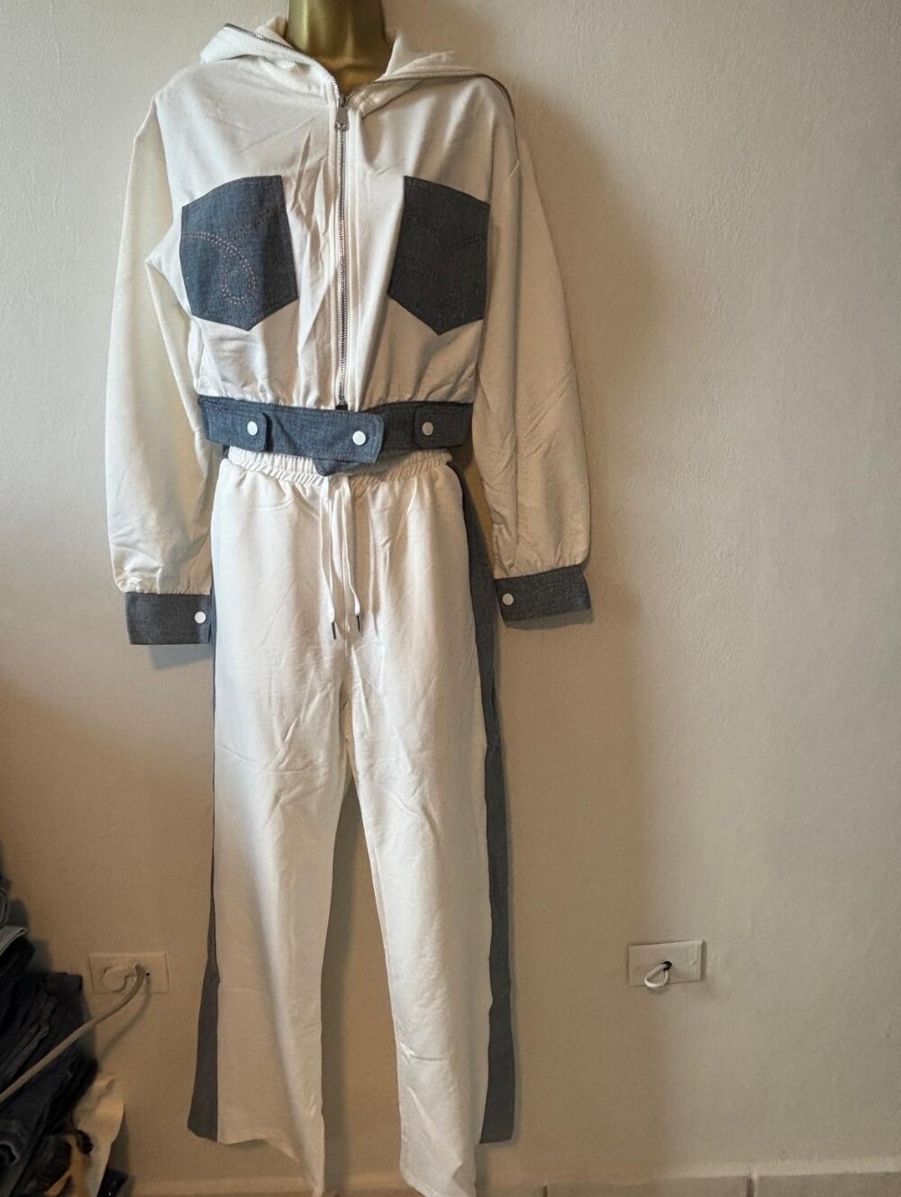Women’s Two-Tone White & Gray Hooded Jumpsuit